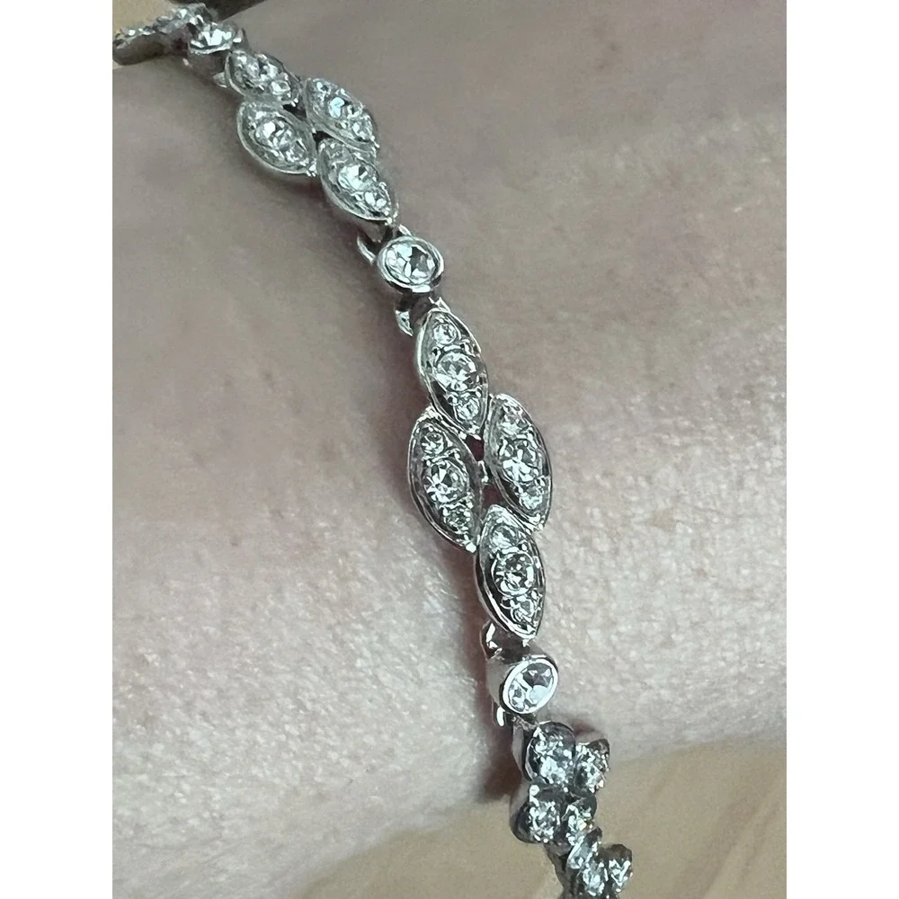 Vintage Monet Rhinestone Bracelet Silver Tone Marquise Navette Link Signed 7.75